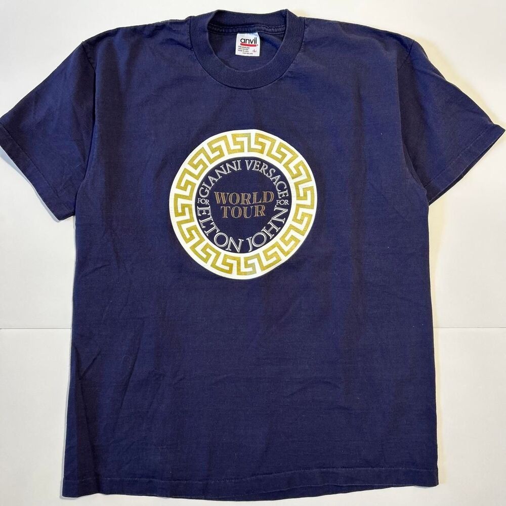 Authentic Vintage 90s Anvil Versace + Elton John World Tour navy blue tee